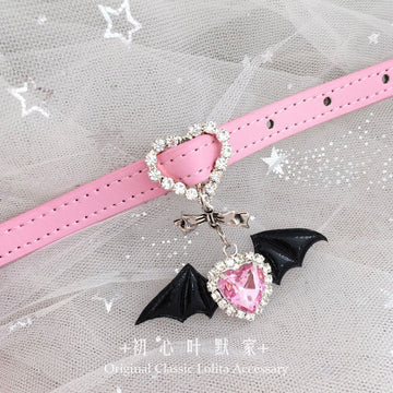 Lolita Subculture Leather Choker Collar & Bracelet - Angel Little Devil Heart with Rhinestone Bowknot