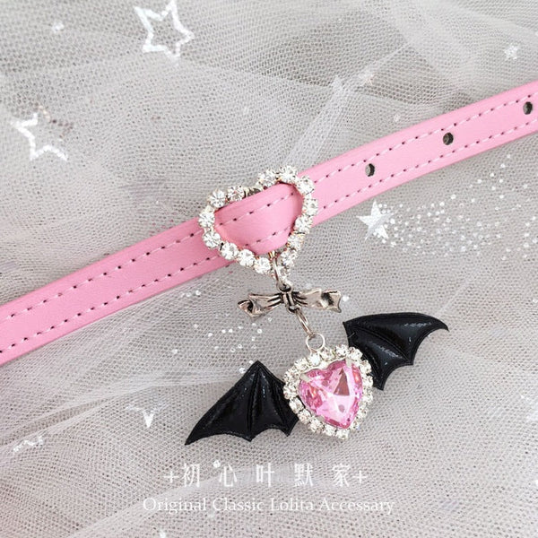 Lolita Subculture Leather Choker Collar & Bracelet - Angel Little Devil Heart with Rhinestone Bowknot