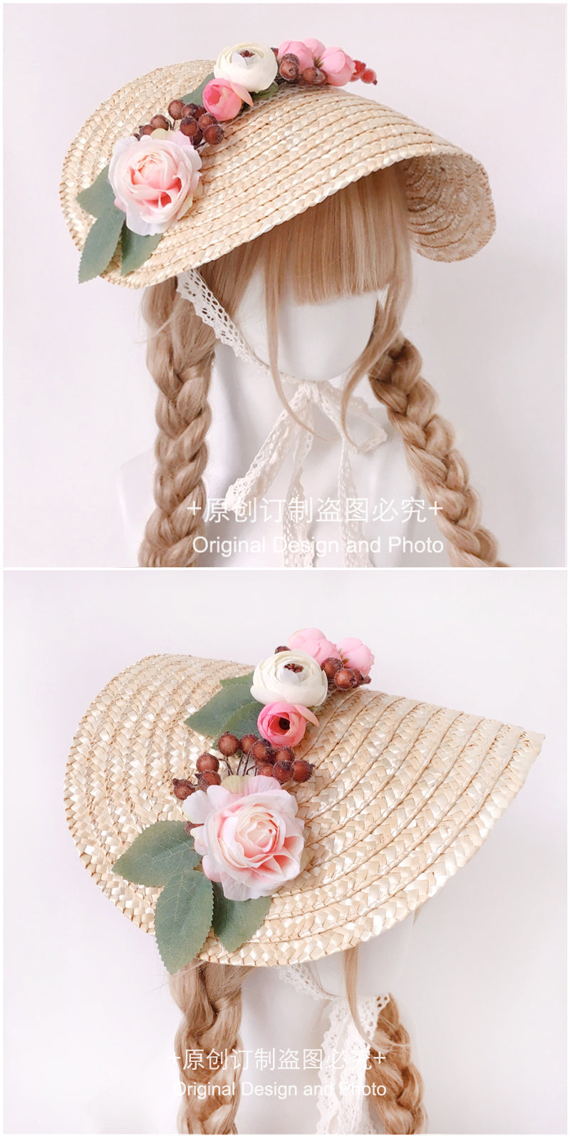 Handmade Straw Hat Flat Hat Lolita Handmade Tea Party Pastoral Bonnet