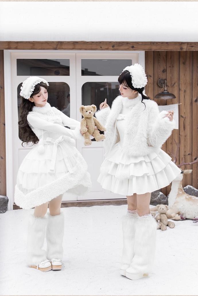 With PUJI - White Choco - Winter Kawaii Lolita JSK Dress Set, Fluffy Accents