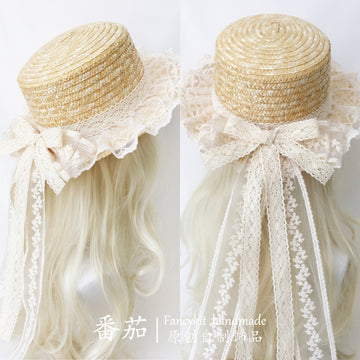 FanQ Handmade [Xuanxia] Mori Girl Style Bowknot Straw Hat Lolita Natural Color Lace Wide Brim Hat Summer Sunshade