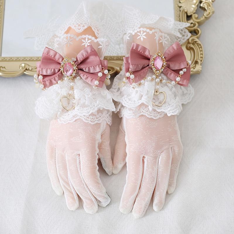 Xiaogui - Vintage Lolita Gloves Lace Bow Bead - Chain Sunscreen Gloves Hand Accessory