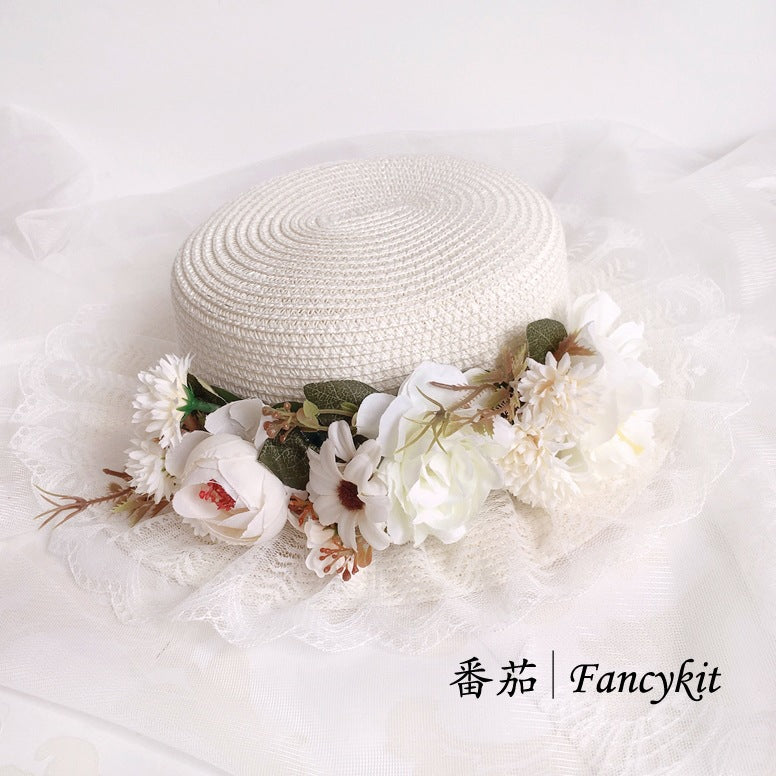 Handmade Lolita Retro Artificial Flower Straw Hat Bonnet French Pastoral Hat Photo Hat Sun Hat