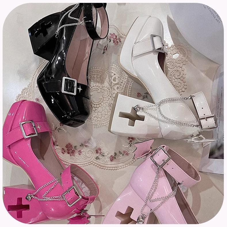 Bingo Lulu - Late Century Sweetheart - Punk Lolita High-Heeled Mary Jane Shoes with Cross-Shaped Heel Cutout - product detail 5