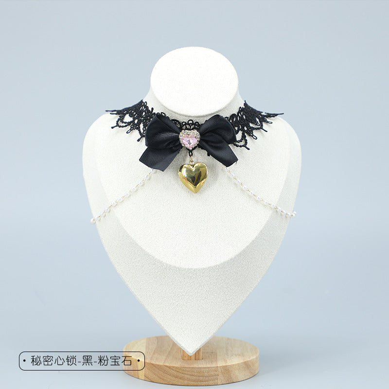 Cute Girl Costume Lace Choker Metal Heart Collarbone Chain Small Accessories Necklace Lolita Neckband - Lolita Fetch