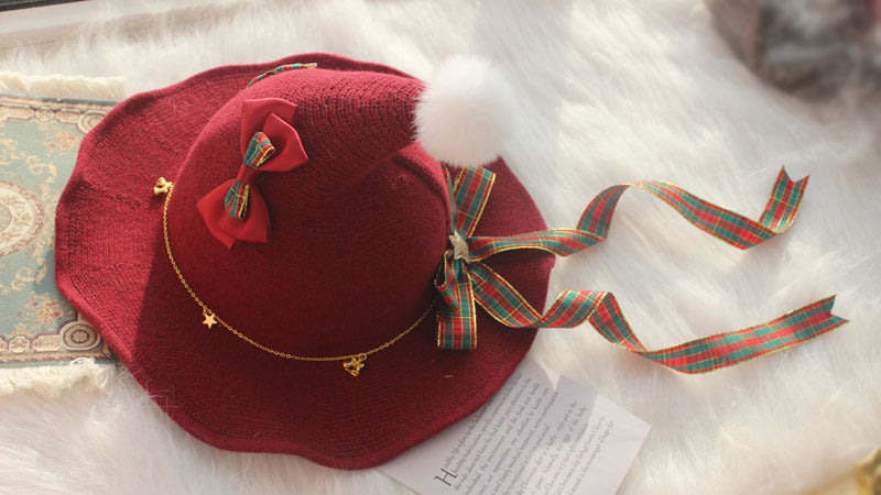 Christmas Original Handmade Lolita Knitted Pointed Pom-Pom Red Hat Lol