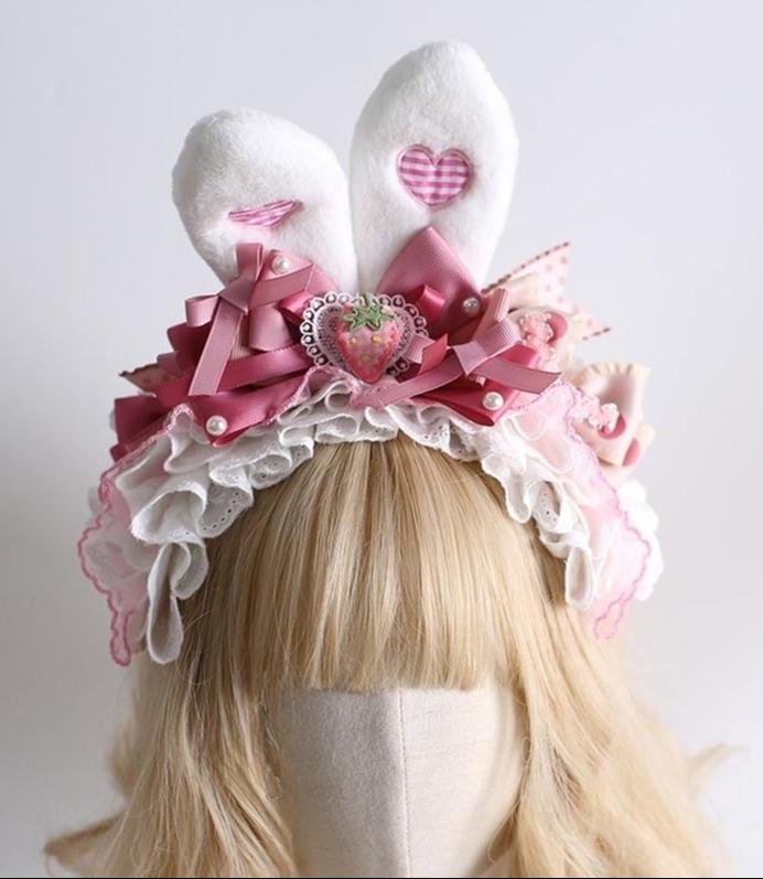 Xiaogui - Sweet Lolita Headdress Pink White - Bunny Ear Hair Accessory Headwear