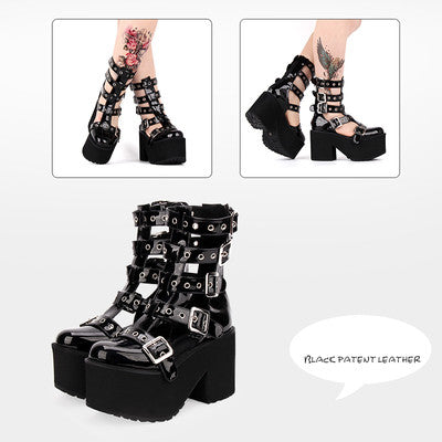 Angelic imprint - Gothic Punk Platform - Black Punk Lolita platform shoes with hollowed sides and buckle straps - product detail 2