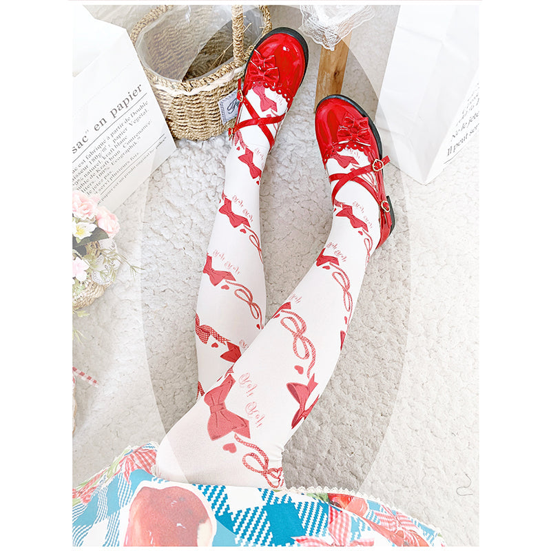 Sweet Lolita Knee Stockings, Bow Print One Size red bow