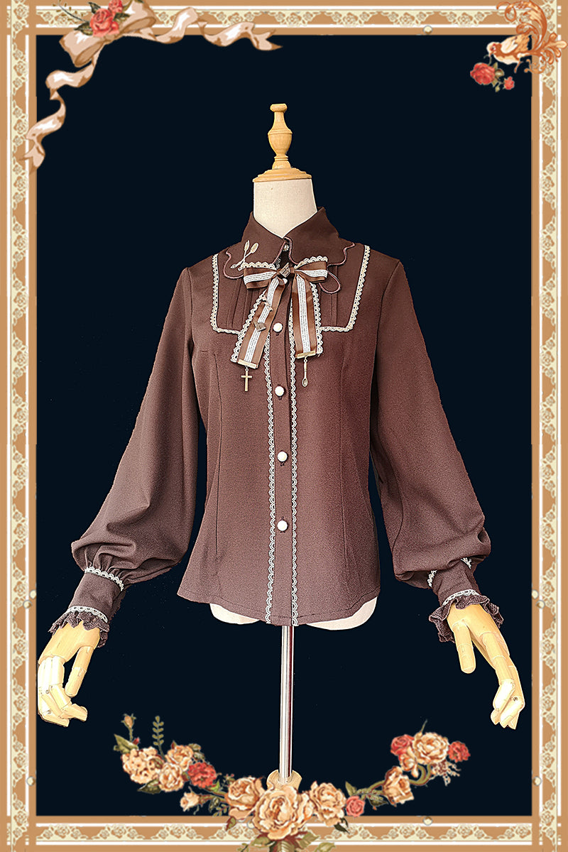 Elegant Lolita Embroidery Lapel Blouse S chocolate-thin version (without bow brooch)