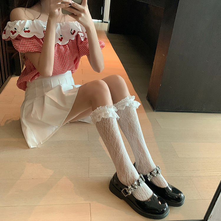 Qianyu - Lolita Socks Black Lace Calf Socks - Socks