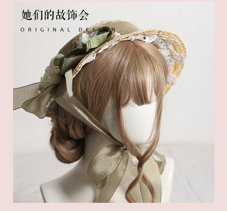 Lolita Flower Straw Hat for Women Summer Flat Hat Lolita Sun Protection Shade Han Yang Eclectic Mori Style Hat for Women