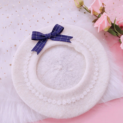 Lolita Pancake Beret - Sweet Cute Woolen Hat with Daisy Bow for Girls