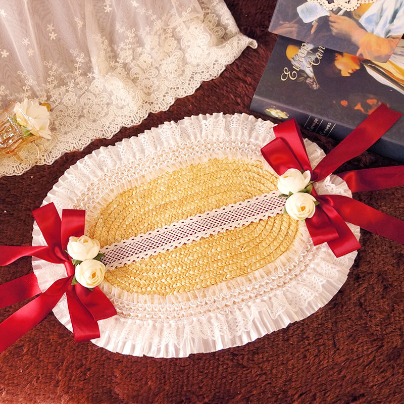 Fanmao Lolita French Flat Bonnet - Multi-color Pastoral Style Women's Summer Straw Hat