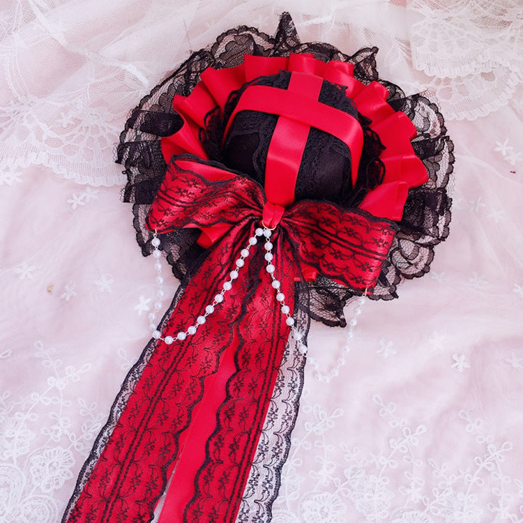 European Classical Dark Style Lace Pearl Bow Ribbon Party Hat Lolita T