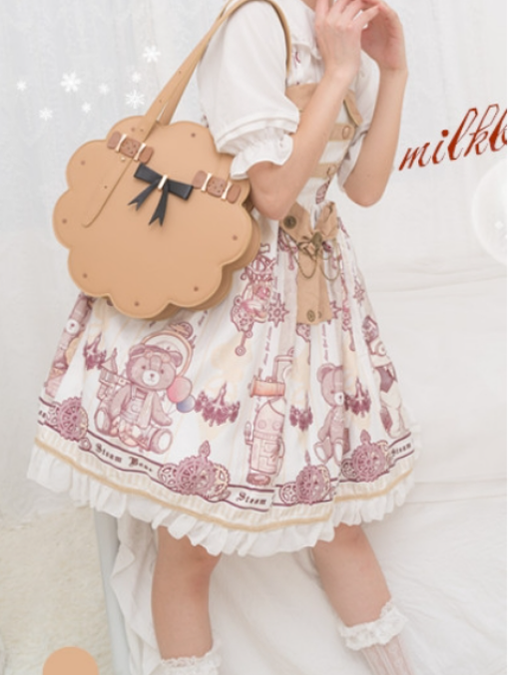Milk Tea Bear - Toffee Cookie - Brown Kawaii Lolita shoulder bag with a cookie design and black bow - product detail 6
