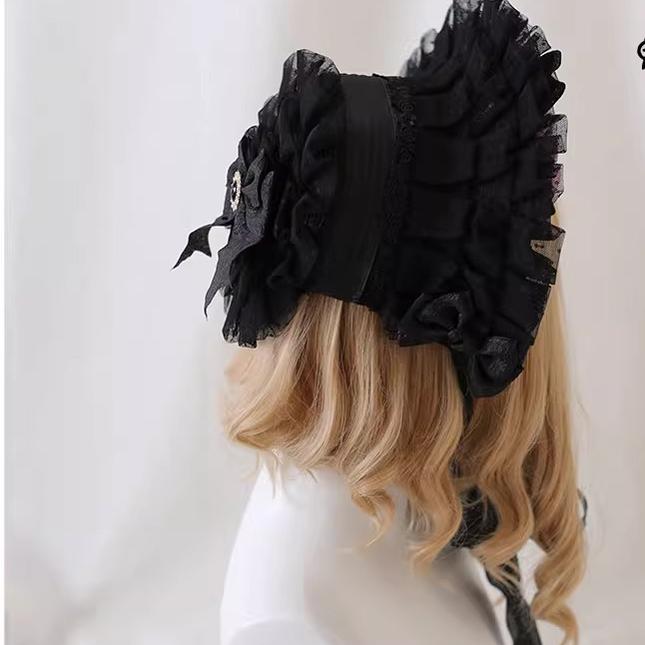 Xiaogui - Gothic Lolita Black Lace Flowers - Bonnet Headwear
