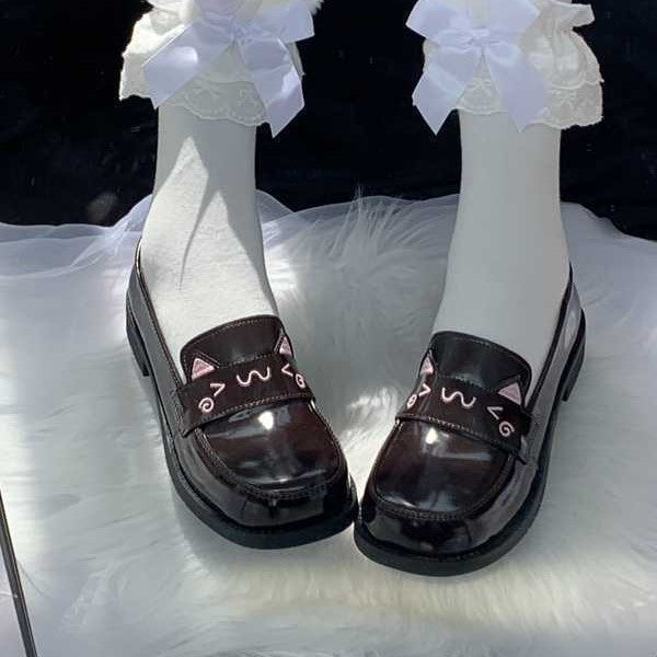 "Treasure Meow" Authentic JK Uniform Shoes | Round/Square-Toe Mid-Heel Academy-Style Leather Flats