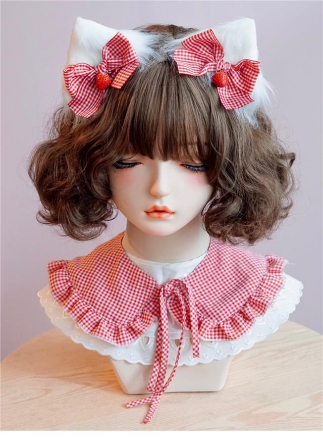 Handmade black and pink faux fur plush cat ear animal ear bow hair clip featuring LolitaFetch headdress style with side clip design