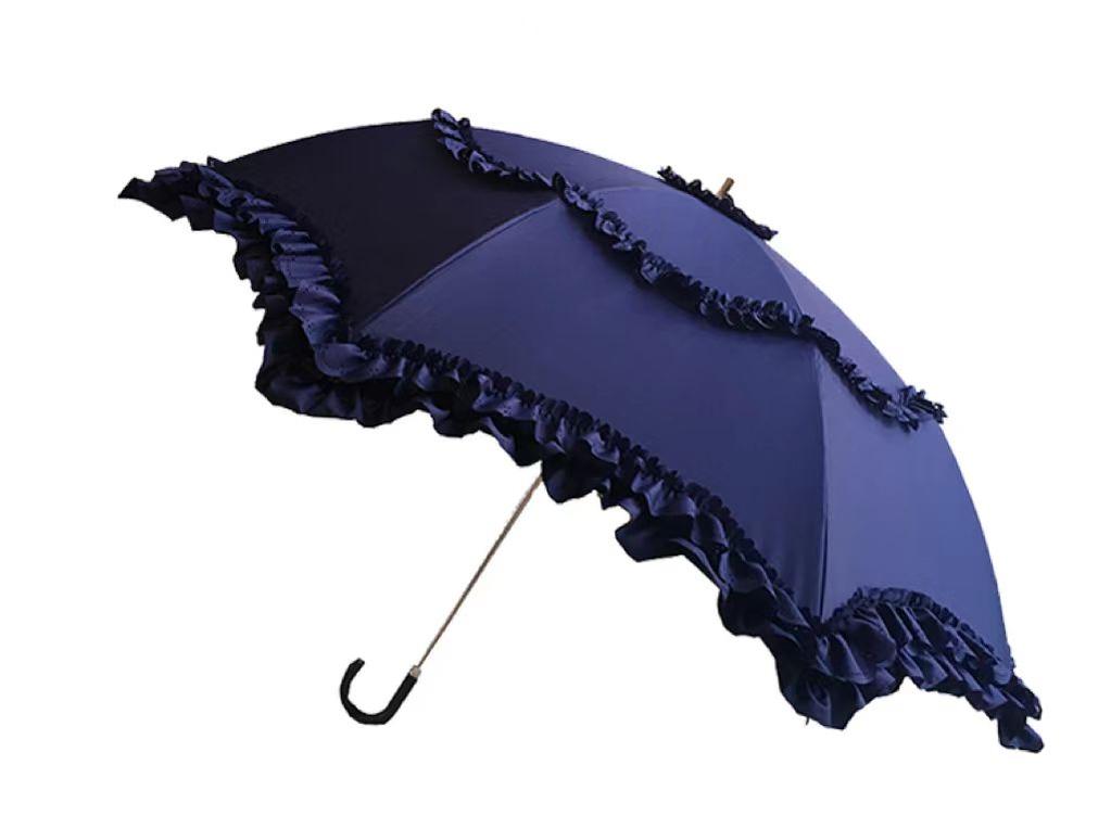 Classic Lolita Parasol, Two-Folded Umbrella for Daily Use Navy Blue