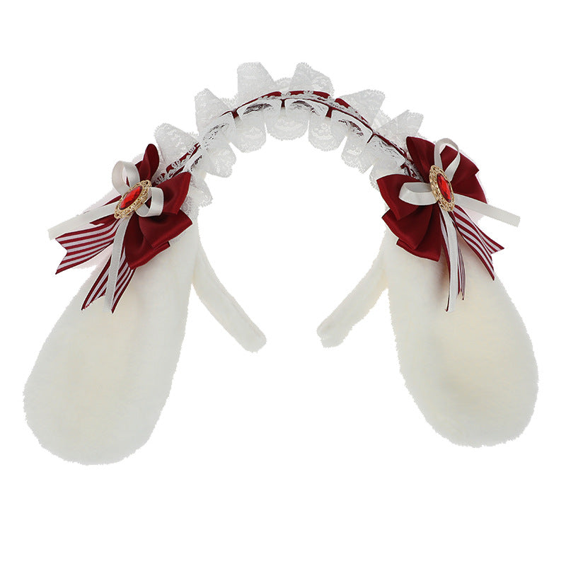 Handmade Plush Hair Accessories Bow Lace Ribbon Hair Ornament Cosplay Party Animal Ears Lolita Bunny Ear Headband - Lolita Fetch