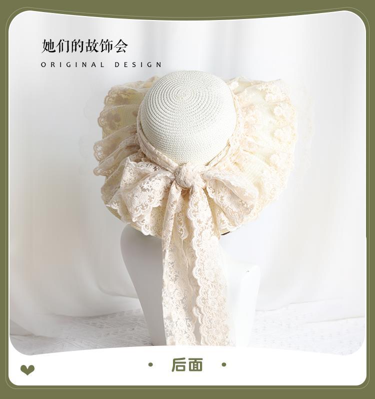 Handmade - Lolita Wide Brim Straw Hat - hat with lace trim, scalloped