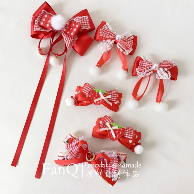 FanQ Handmade Lolita Sweet Little Strawberry Pom-Pom Hair Clip New Year Christmas Red Bowknot Pair Clip KC Hair Accessories
