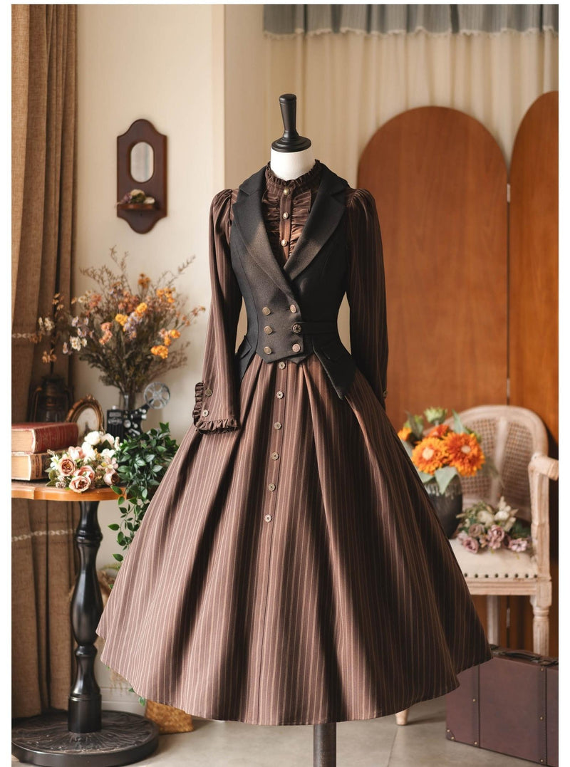 Forest Wardrobe - Forest Castle - Classic Lolita Long Striped Dress, Irregular Hem Vest