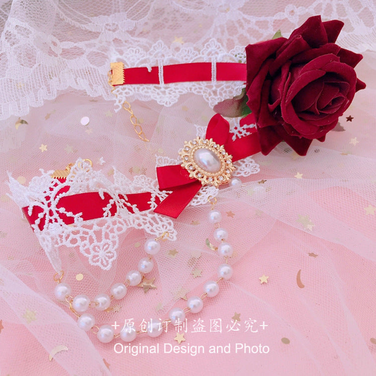 Christmas Lolita Handmade Necklace Pink Bridal Flower Necklace Tea Party Lace Pendant Pearl Choker