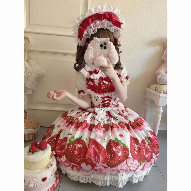 Sweet Strawberry Story Lolita JSK Dress & Bonnet - white colour