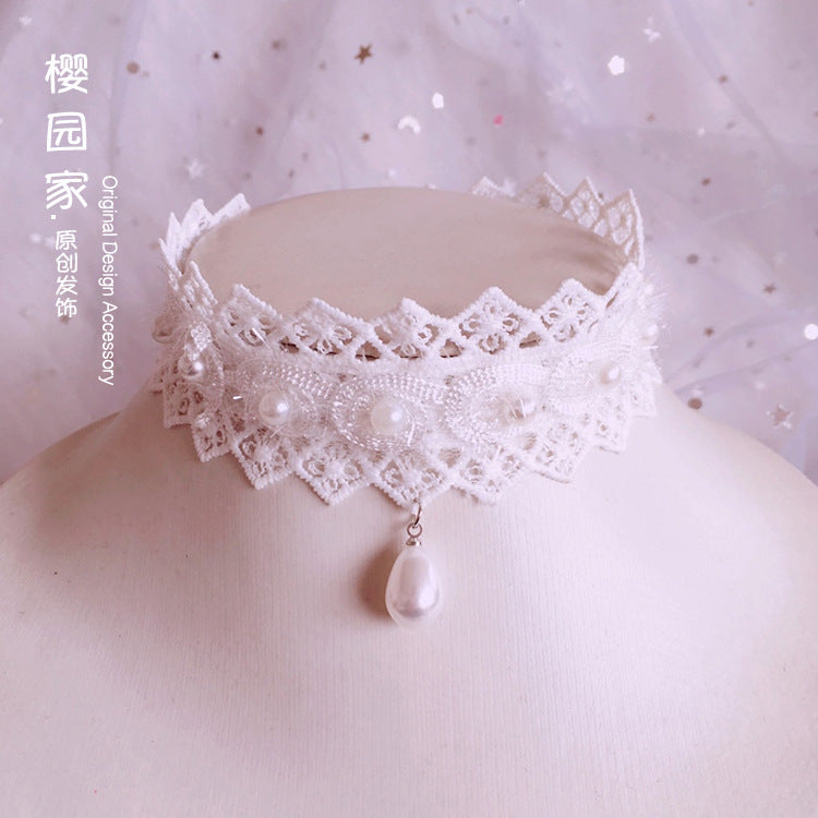 Ying Yuan Jia Lace Pearl White Choker Necklace