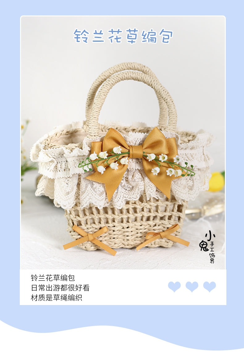 Original Lolita Mori Style Lily of the Valley Lace Beach Pastoral Straw Bag Rattan Bag Handheld Woven Bag Crossbody Bag