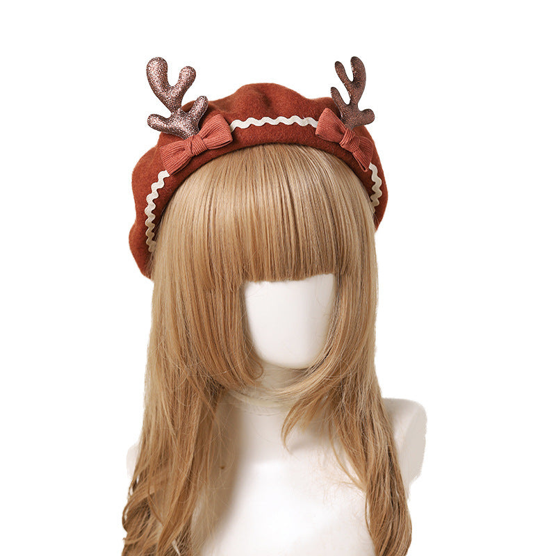 Cute Deer  Soft Girl Lolita Bowknot Beret Painter Hat Handmade Antler Hat