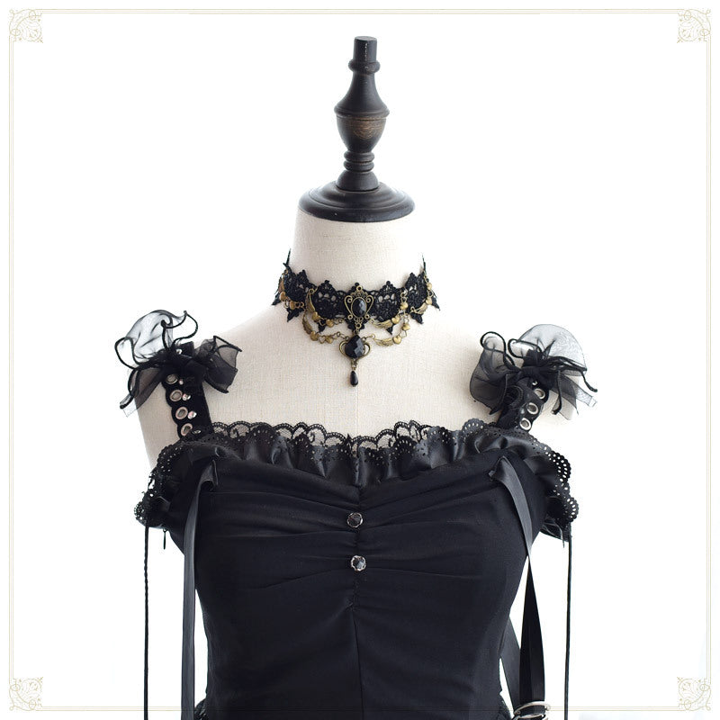 Gothic Dark Lolita Lace Necklace Y2K Harajuku Subculture Black Cross Choker - Lolita Fetch