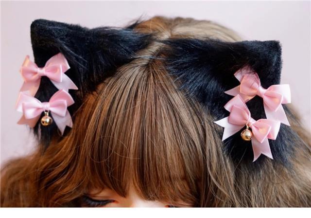 Handmade faux fur plush cat ear hair clip in black and pink, LolitaFetch headdress with animal ear design and bow detail.