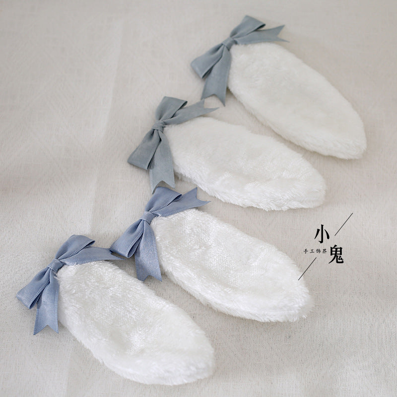 Handmade Sweet Ears Lolita bunny ear bowknot hair clip paired with LolitaFetch OP dress, featuring adorable bunny ear design and elegant style.