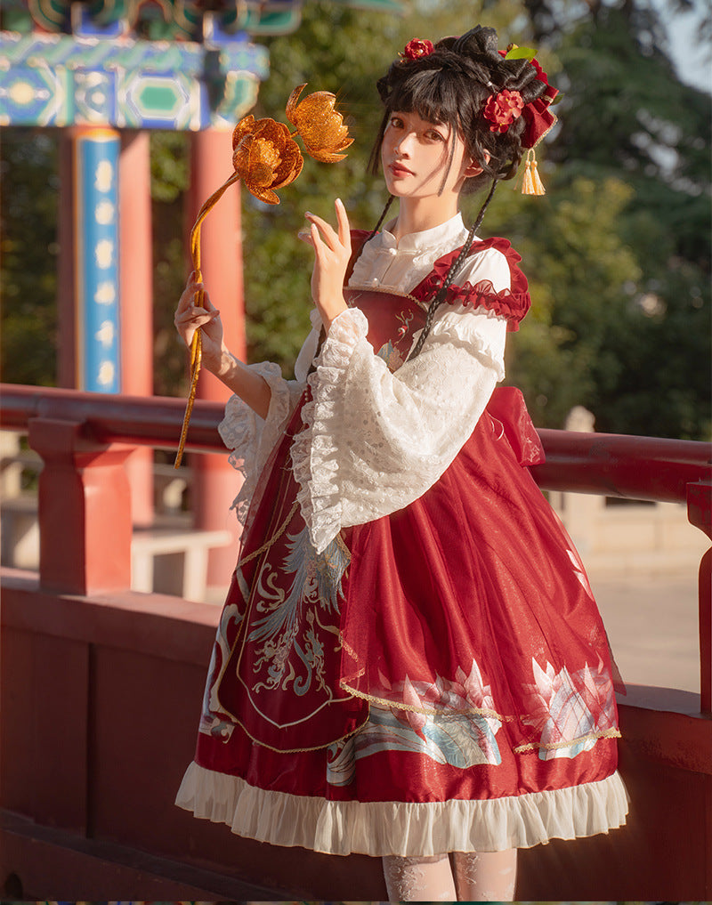 Morning Dew Hanfu - Inspired Lolita JSK | Gold - Woven Phoenix & Detachable Bead Chain - Lolita Fetch