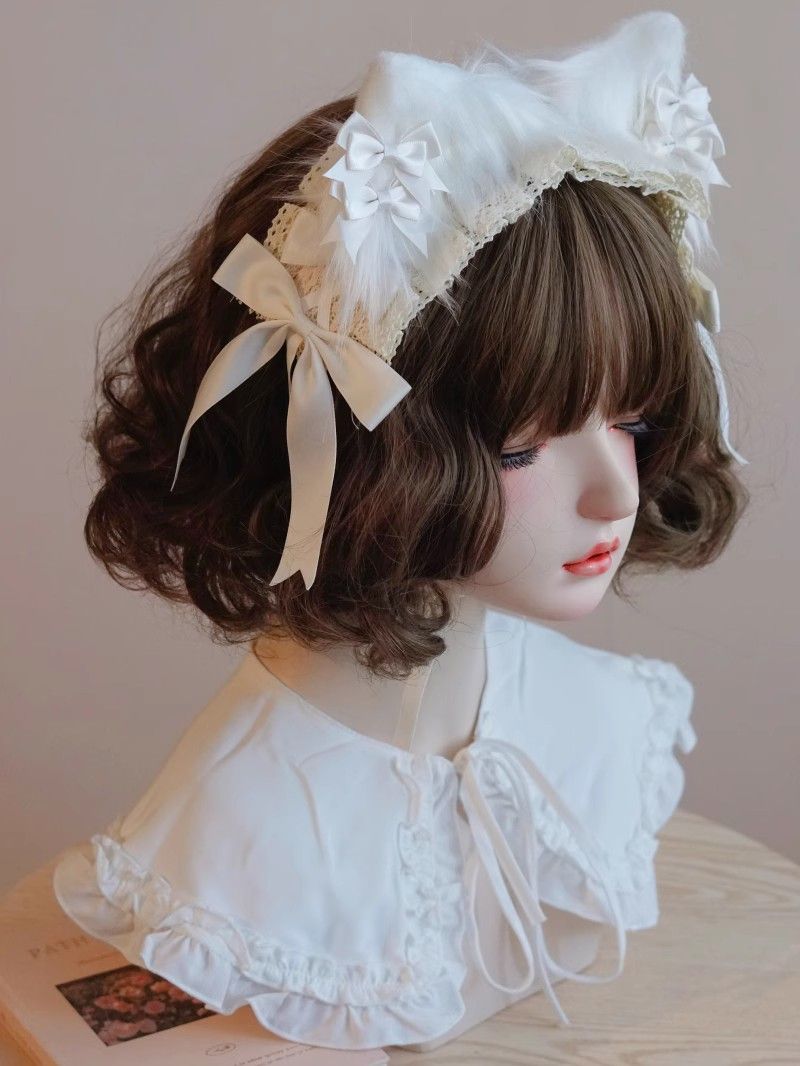 Original Handmade White Cat Ear Bow Hairband with Ruffled Edge Japanese Korean Lolita Style