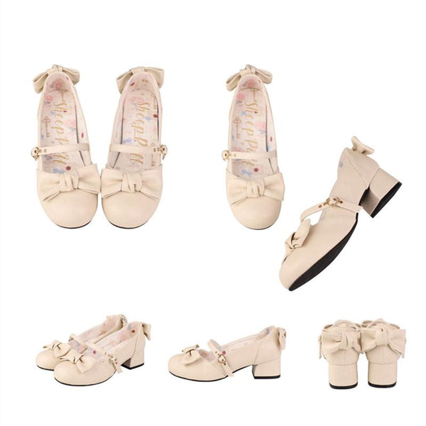 Cream Mary Jane shoes with bows shown in a multi-view collage.