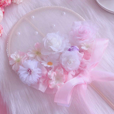 Original Handmade Blue Sakura Lolita Long Handle Round Fan Gorgeous Tea Party Lolita Fairy Wand Photo Prop