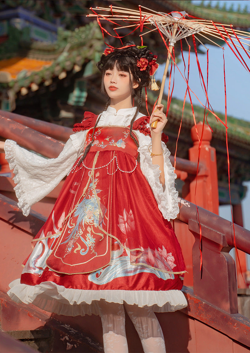 Morning Dew Hanfu - Inspired Lolita JSK | Gold - Woven Phoenix & Detachable Bead Chain - Lolita Fetch