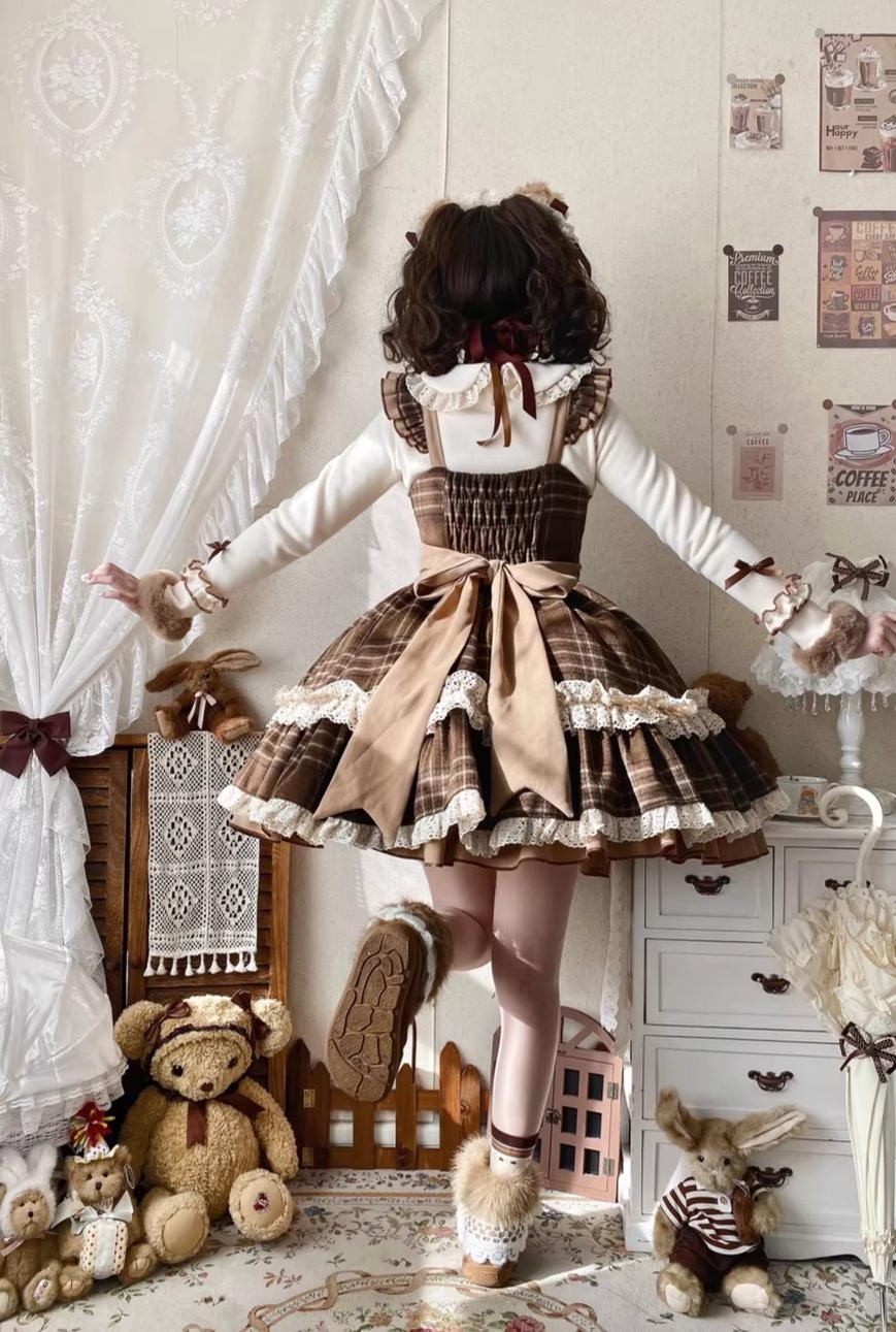 Qianmu - Choco Chestnut - Plaid Kawaii Lolita JSK Dress, Peter Pan Collar Cape