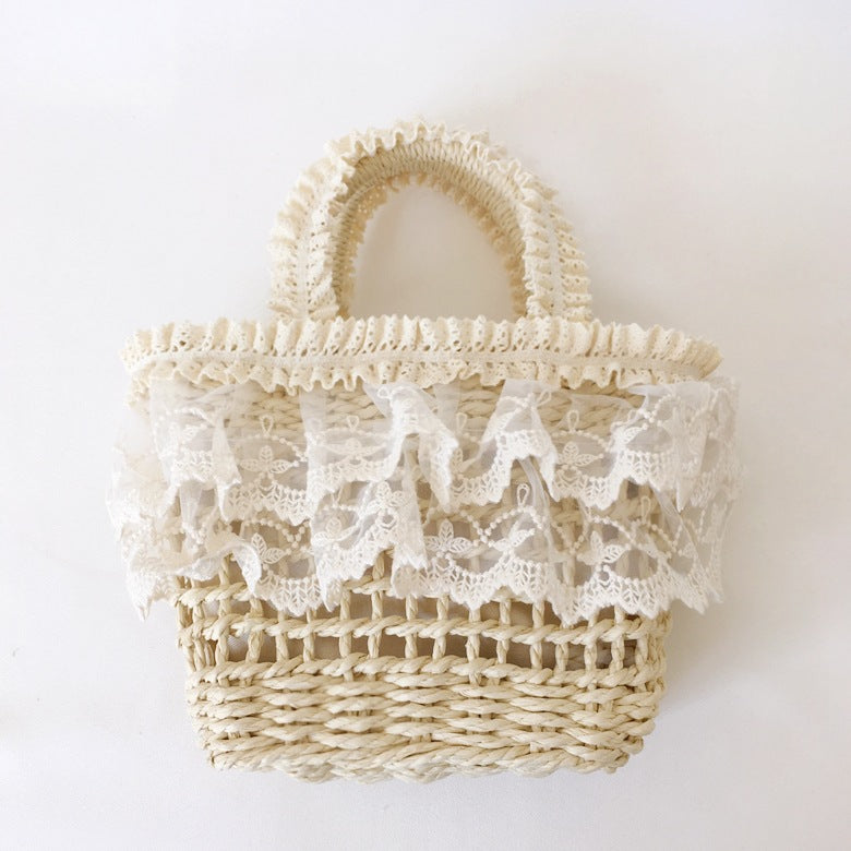 Straw Handbag Original Handmade Lolita French Pastoral Style Lace Edge Soft Girl Mori Beach Woven Bag for Women
