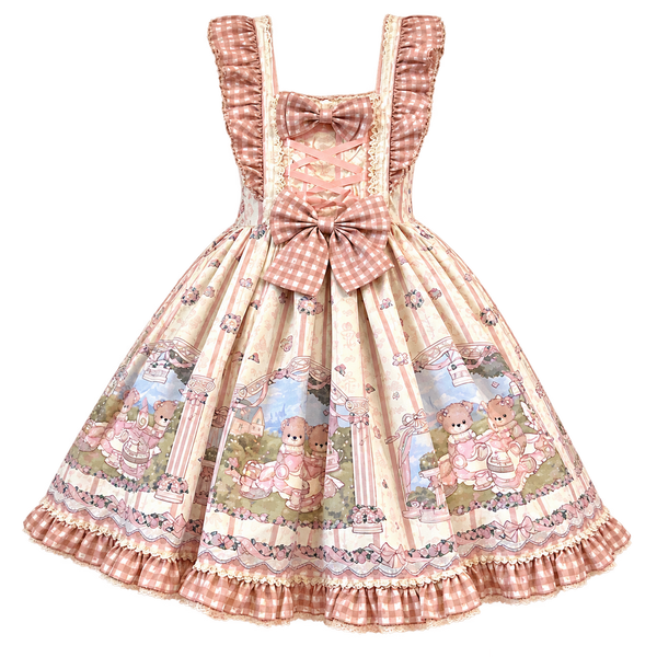 Teddy Picnic Bear Print Sweet Lolita JSK Dress — front product cutout