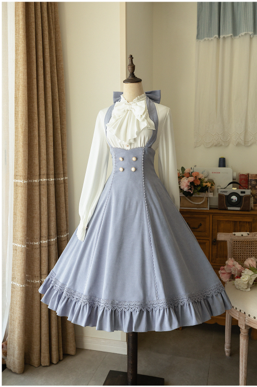 South of the Forest - Vintage Classic Lolita Halter JSK Dress, French Style Blouse S Light Blue - Brushed Fabric JSK Only