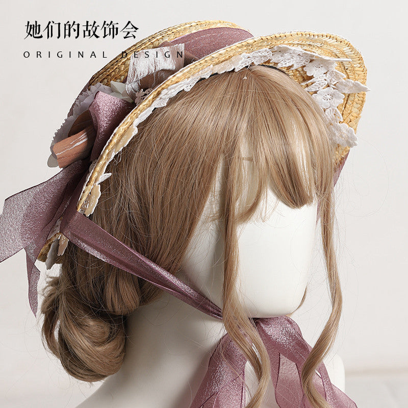 Lolita Flower Straw Hat for Women Summer Flat Hat Lolita Sun Protection Shade Han Yang Eclectic Mori Style Hat for Women