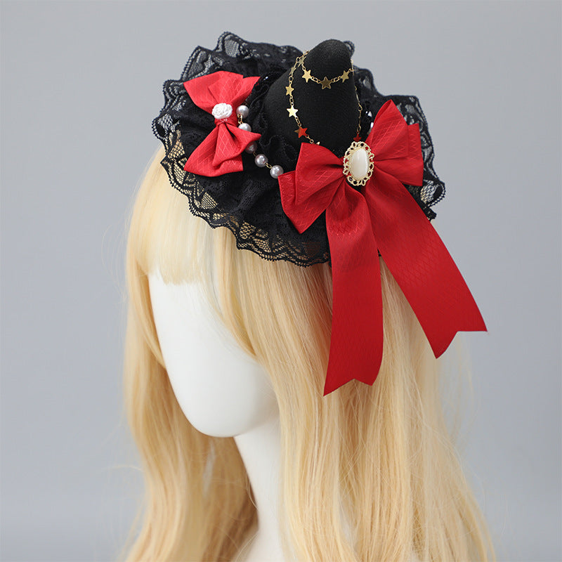 Gothic Magical Girl Hairpin Lolita Hair Accessories Halloween Comic Con Hair Clip Lace Bow Headdress Witch Hat - Lolita Fetch