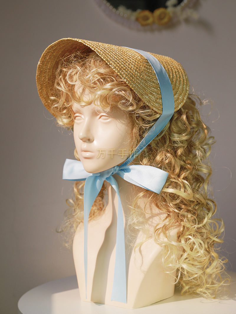 Vintage French Lolita Hat Straw Flat Hat DIY Handmade Vintage Accessories Bnt Lace Strap Hat