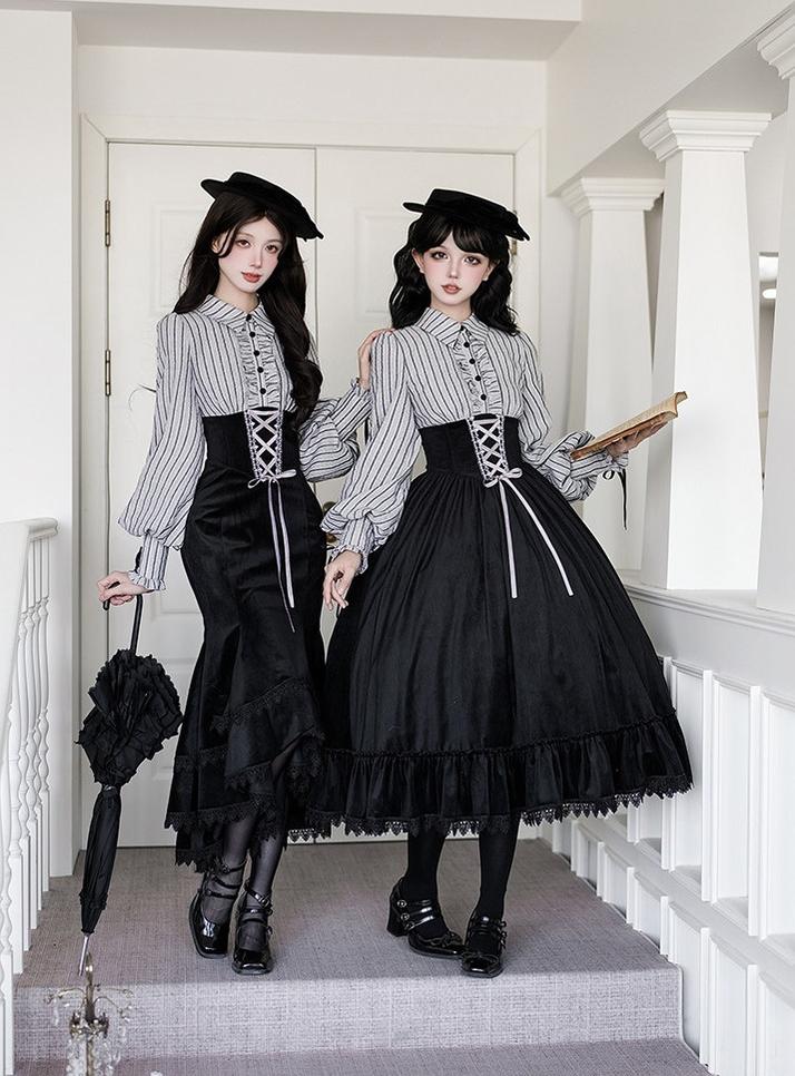 With PUJI - Dusk Moment - Classic Lolita Striped OP & Mermaid Dress Set, Fishbone Waist