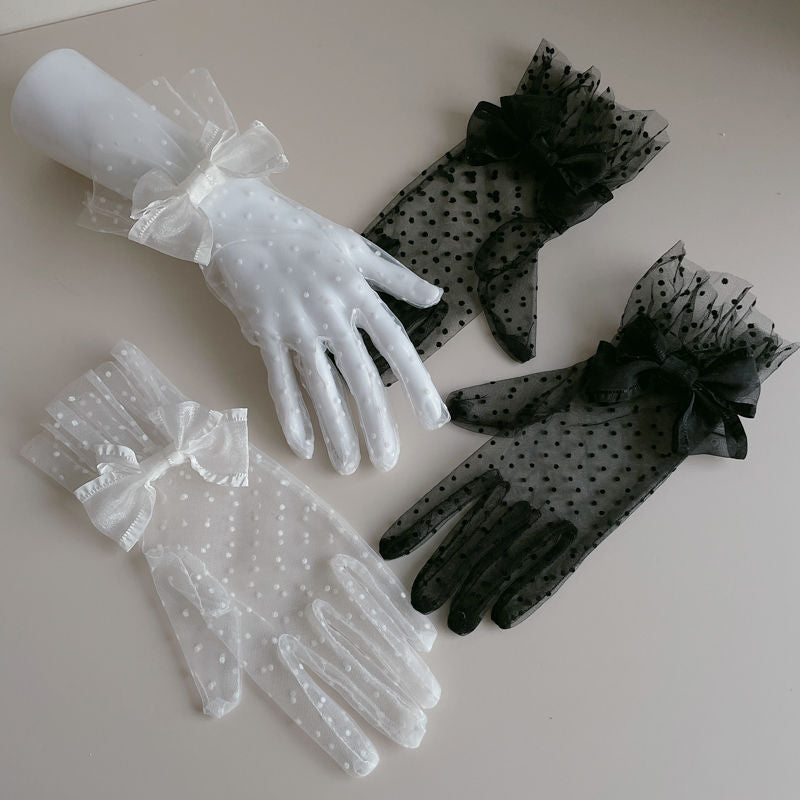 Handmade - Polka Dot Mesh Bow Gloves - Wrist-length sheer polka dot